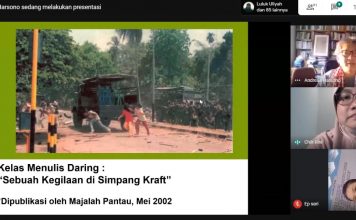 Sebuah Kegilaan di Simpang Kraft. Tangkapan Layar Online Writing Class Yayasan Pantau oleh Twitter @Hammamizd