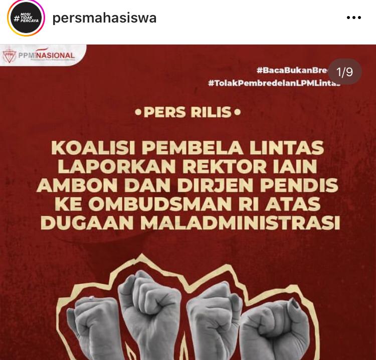 Koalisi Pembela LPM Lintas Laporkan Rektor IAIN Ambon dan DIRJEN Pendis ke OMBUDSMAN RI Atas Dugaan Maladministrasi